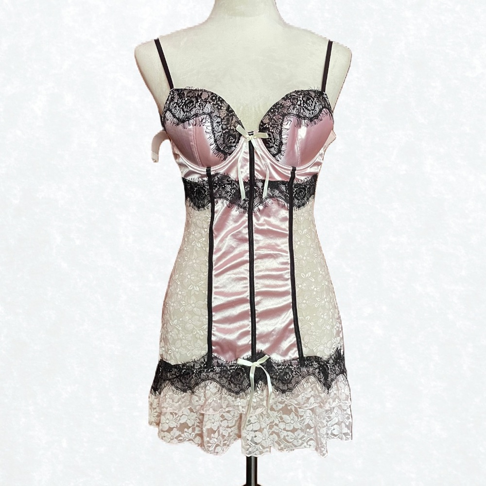 Nature Intimates Coquette Pink Satin Cream Lace Bustier Lingerie Slip Dr…